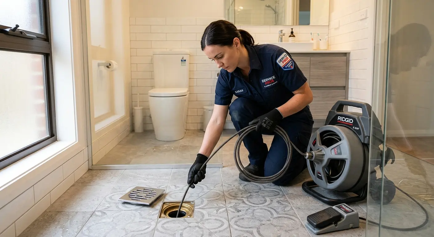 Technician clearing a bathroom floor drain for Drain Repair in Briar Chapel